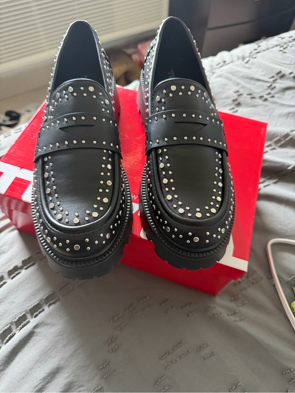 Black Studded Leather Loafers for Women